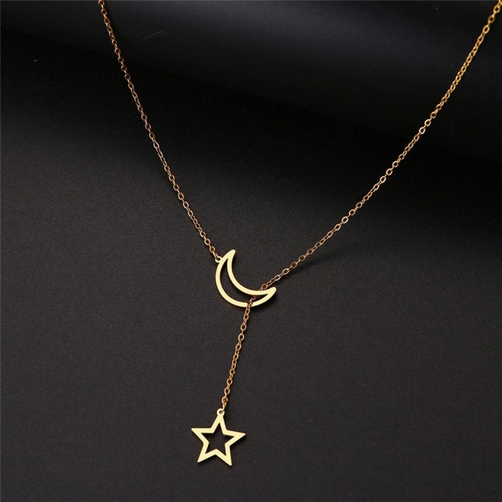 Nuova collana girocollo con ciondolo a forma di stella e luna semplice, semplice collana con ciondolo in lega color oro, collana con catena per donna, gioielli da festa