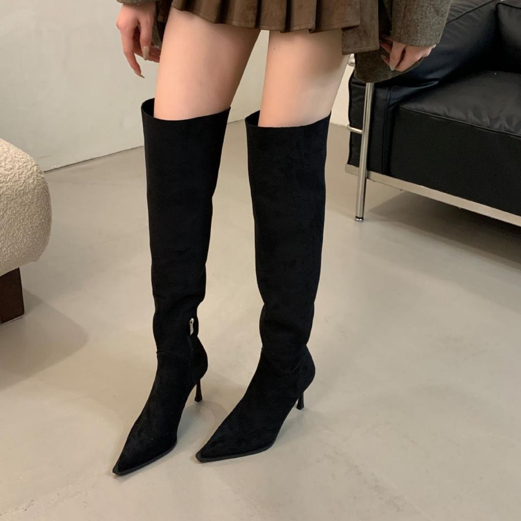 Over-the-knee Boots for Women Wear Big Tube Circumference 2025 Autumn and Winter New Suede Pointed Thin Heel High Heel Pleated Piled Boots