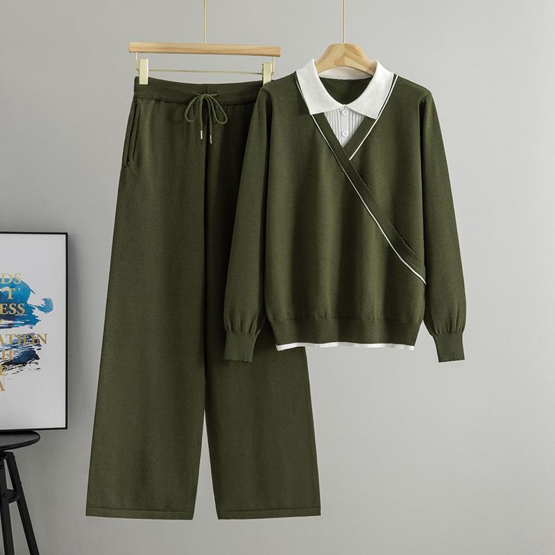 New Autumn and Winter Fake Two-piece Set: Women's Lapel Patchwork Color-blocking Sweater, Stylish and Youthful Wide-leg Pants