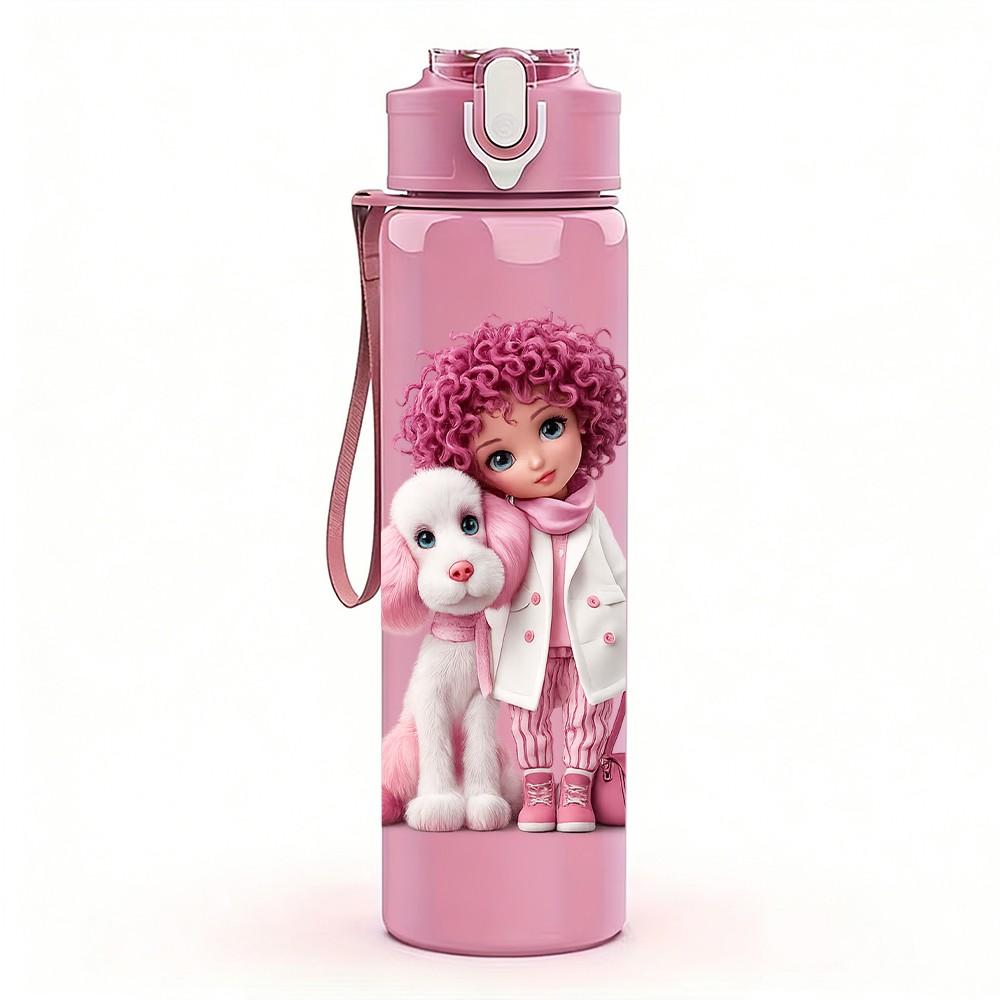 1PC Cute Pink Rag Doll Toy Art Print 750ml Color Plastic Sports Water Bottle Leakproof Flip Straw Lid Suitable for Sports Office Home Use