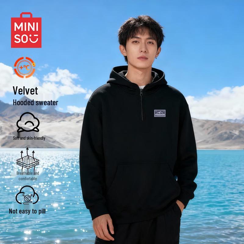 

MINISO Men s Fleece Lined Half-Zip Hooded Sweatshirt XL