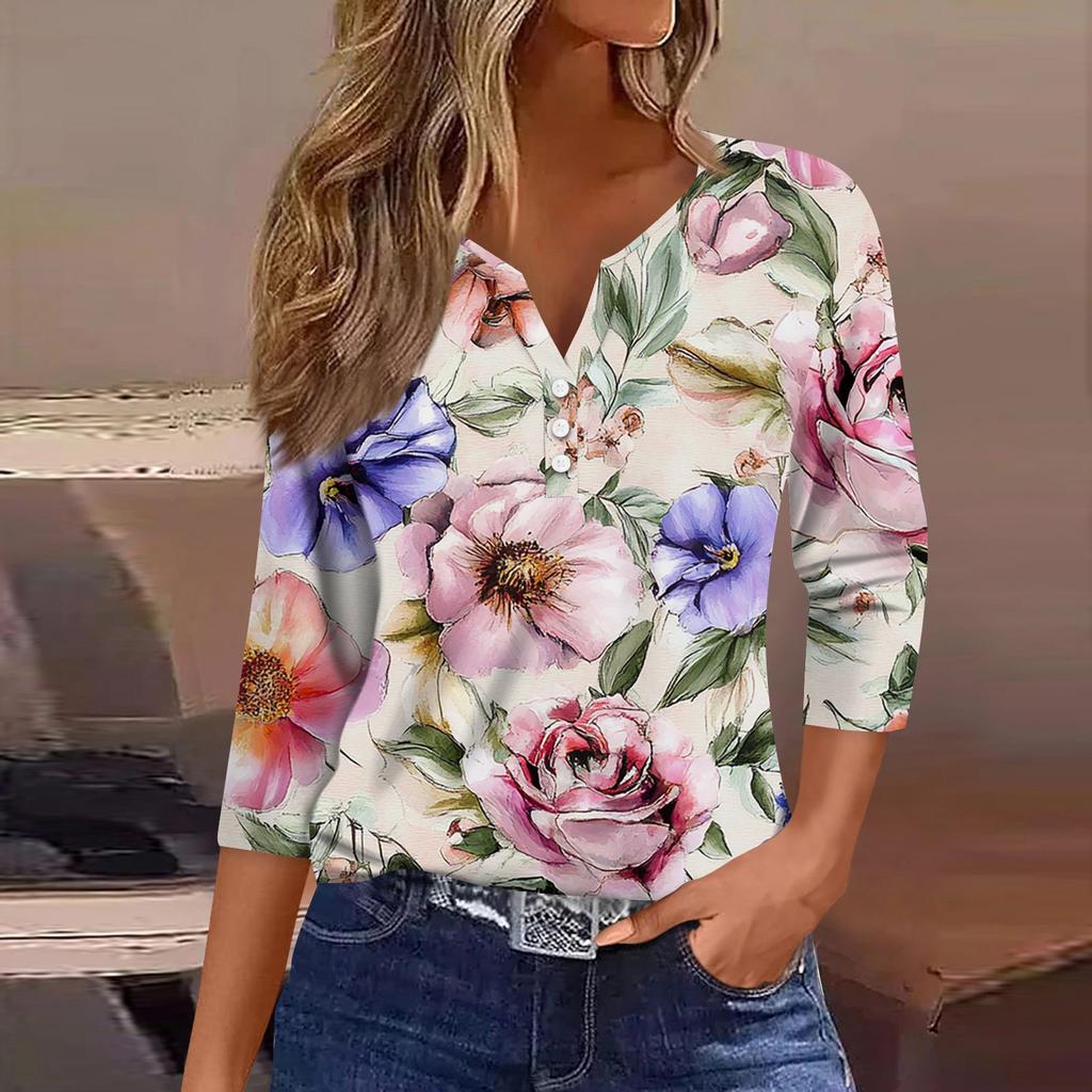 Damska koszulka T-shirt z nadrukiem Rękaw 3/4 Codzienny weekend Moda Podstawowy Dekolt w kształcie litery V Regularny top