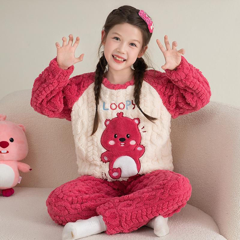 Kids Flannel Pajamas Set Boys Girls Warm Long Sleeve Top And Pants Sleepwear Winter Home Nightwear