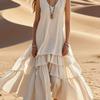 Women's Linen Blend Maxi Dress V Neck Sleeveless Tiered Loose Fit Casual Summer Dress