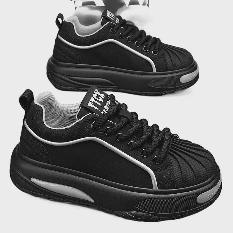 Schwarze Shell Toe Sneakers aus Leder für Herren – Dicke Sohle, trendige Herbst-Sportschuhe
