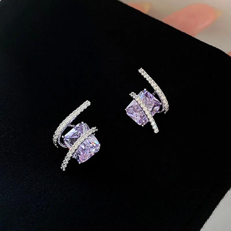 Gorgeous Purple Cubic Zirconia Stud Earrings For Women Newly Designed Bridal Wedding Accessories Aesthetic Jewelry