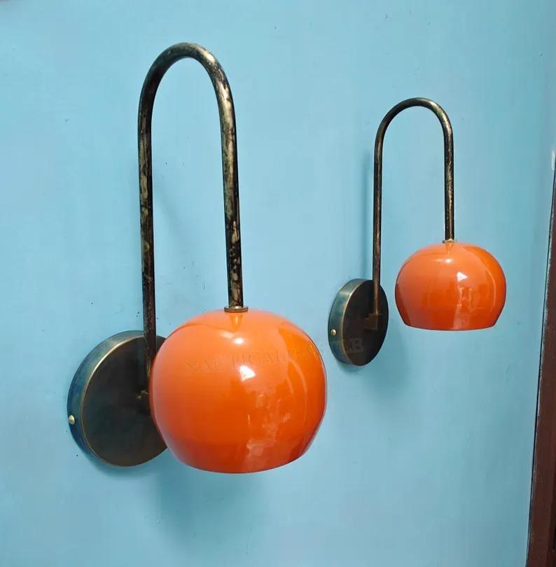 

Mid-Century Modern Brass Wall Sconces: Orange Ball Accent, Handmade Pair помаранчевий