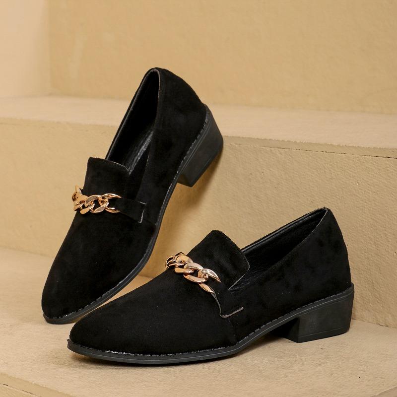 Leopard Leopard Slip Single Fall New Pointed Toe Deep Mouth Metal Chain Suede Block Heel Non-Slip Low-Top Shoes