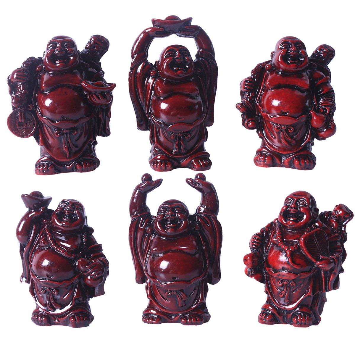 

Set of six Laughing Buddha Maitreya Cute ornaments for good luck and protection of Made of 2-inch statues, red, 1-inch Buddha. peace. resin.