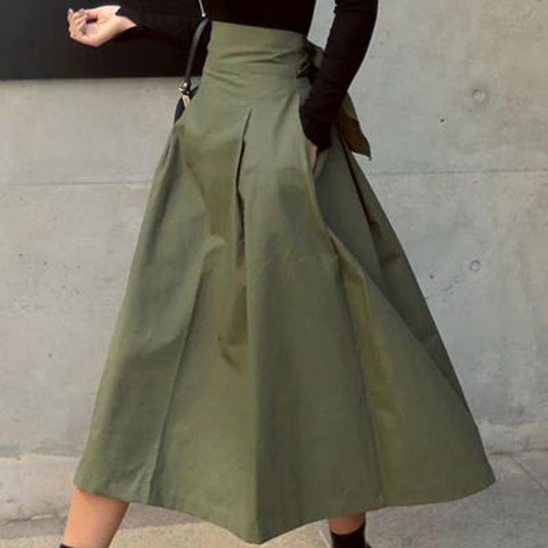 

Big Swing Slim Fit Waist Cinching Long Skirt Large Swing Silm Waist Dress ArmyGreen L