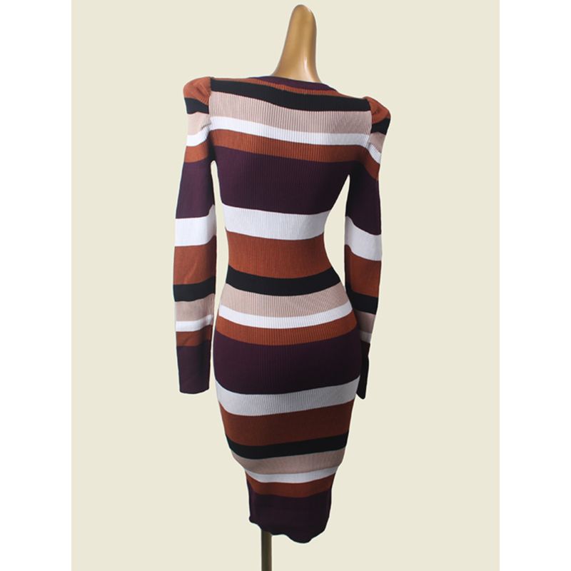 French Style Puff Sleeves Contrast Color U Collar Base Dress Foreign Trade Original Order Slim Fit Slimming Long Sleeves Bodycon Dress