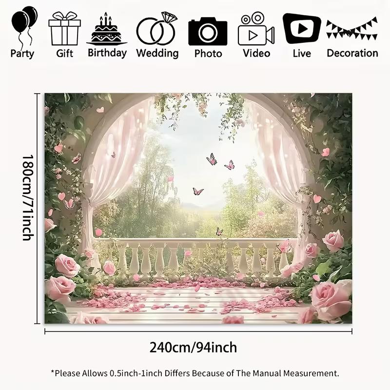 Rosa Rose Balkon-Wandteppich, Romantischer Blumiger Schmetterlings-Hintergrundstoff, Hochzeitsfeier-Kulisse