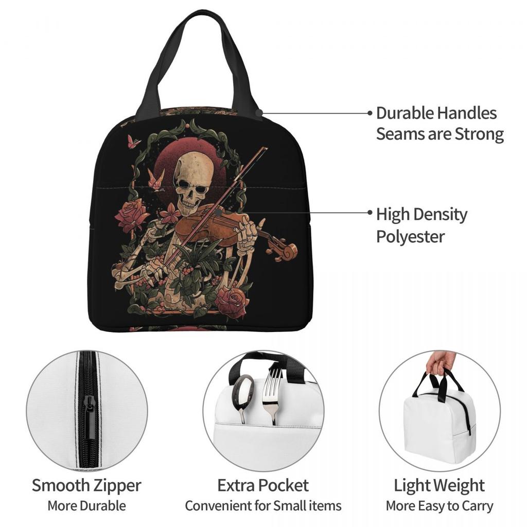 Skeleton Playing Violin Halloween Insulated Lunch Bag for Women Kids Leakproof Food Boxes Thermal Lunch Box Tote