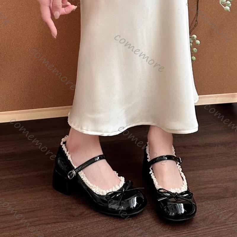 Fashion Comemore Bow Temperament High Heels Ballet Ladies Leather Shoes Retro Lace Edge Thick Middle Heel Pumps Mary Janes for Women