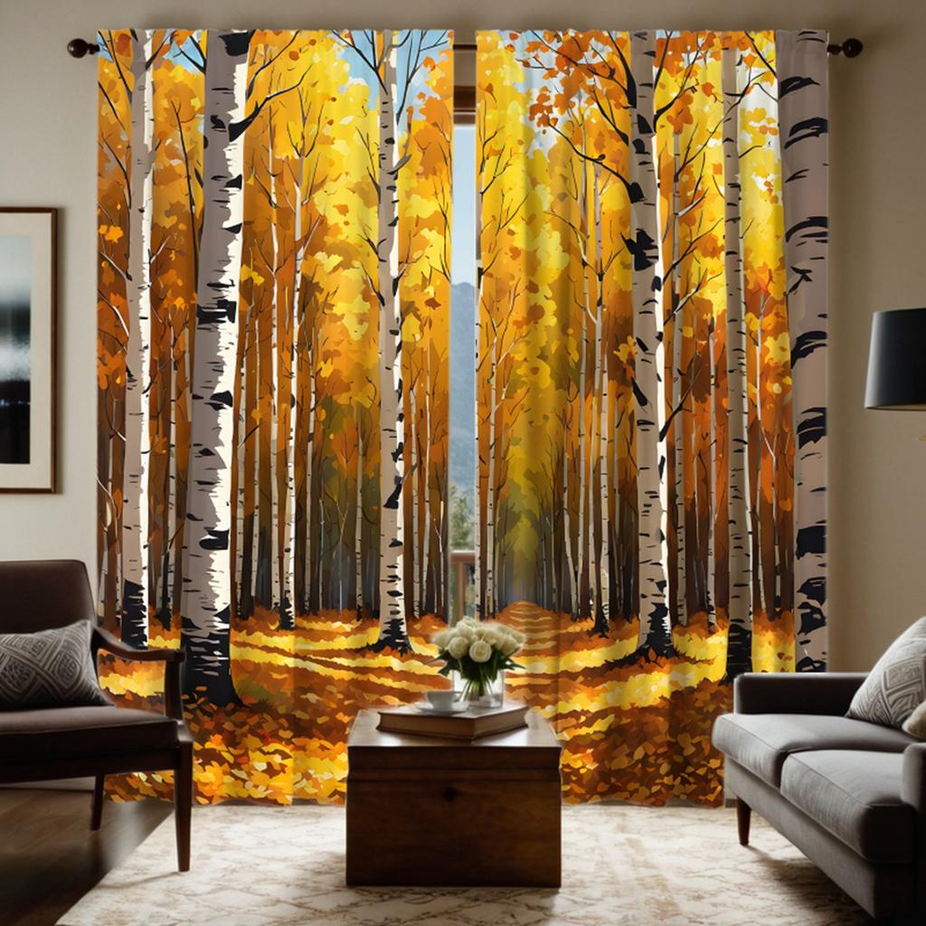 2 pieces of HD autumn birch forest leaves decorative curtain Yellow digital printed curtain home decoration style decoration liv