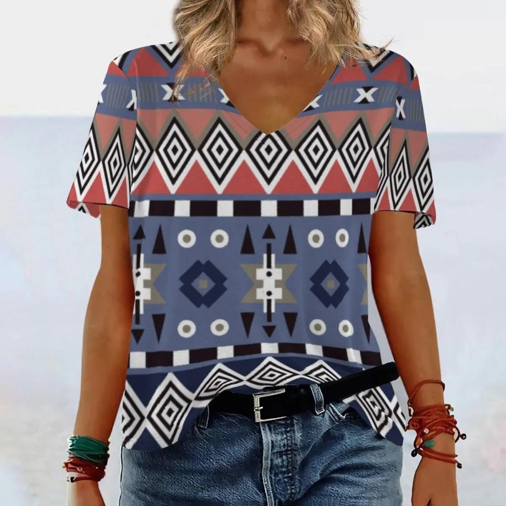 Ethnic Style Geometric 3D Printed Women's Street V-neck Short Sleeved T-shirt