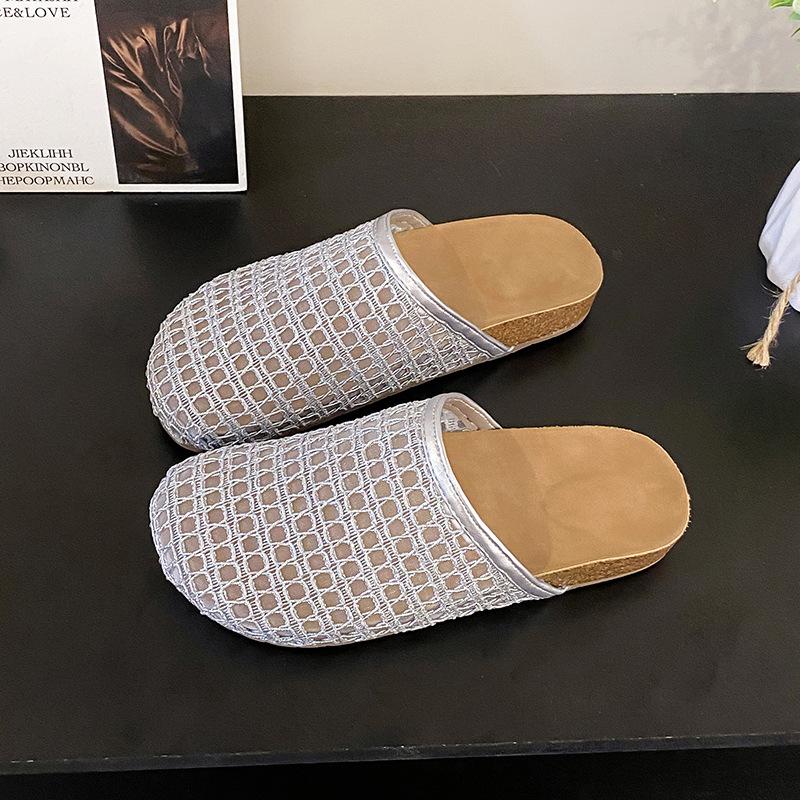 Woven Hollow Slippers Women's Half-pack of Cool Slippers Summer Leather Splicing Square Head Comfortable Cool Slippers Women