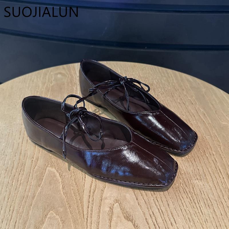 Fashion SUOJIALUN Big Size 35-41 Women Vintage Flats Shoes Leather Lace-Up Low Heels 2025 Shoes Classic Suqare Toe Casual Loafers