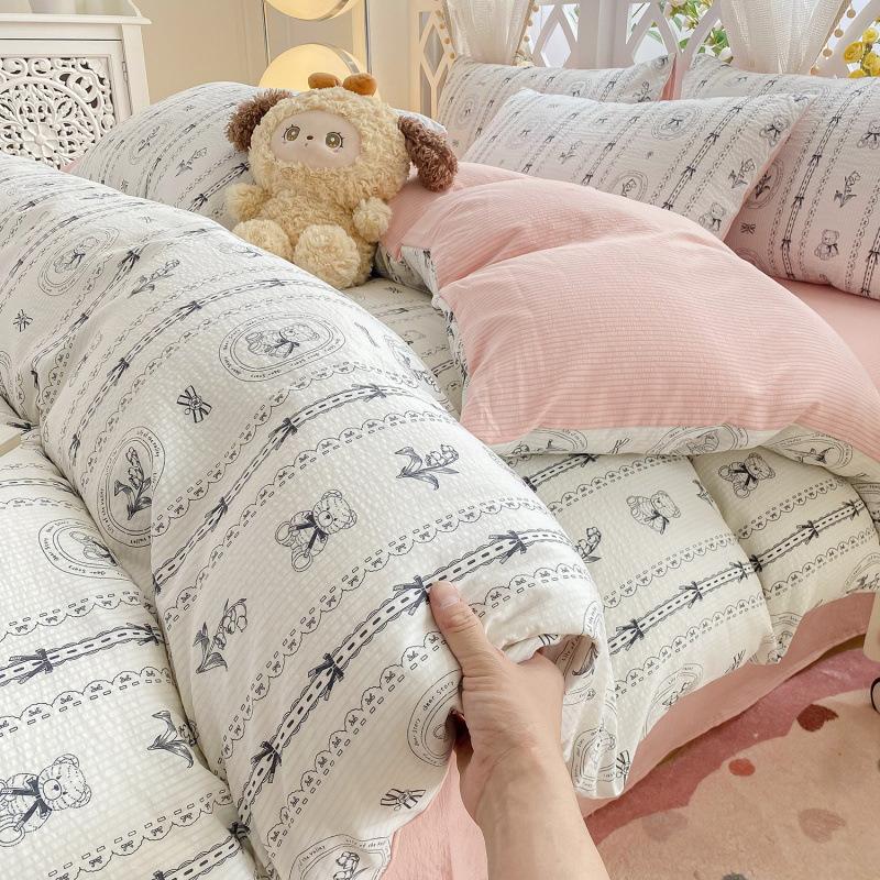 Class A maternal and infant grade super soft washed cotton bed sheet 4pcs set bed hat quilt cover student dormitory single