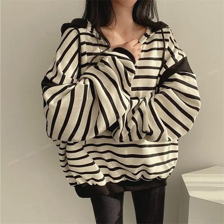Spring and Autumn Women's Striped Hoodie Casual Long Sleeve Sweatshirt Vintage Oversized Hoodies