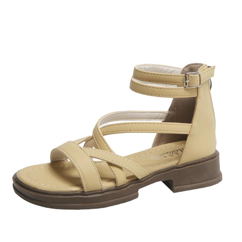 2025 Sandals Black Shoes for Women Summer Heels All-Match New Beige Comfort Beach Low Fashion Girls Flat Gladiator Clear Lace