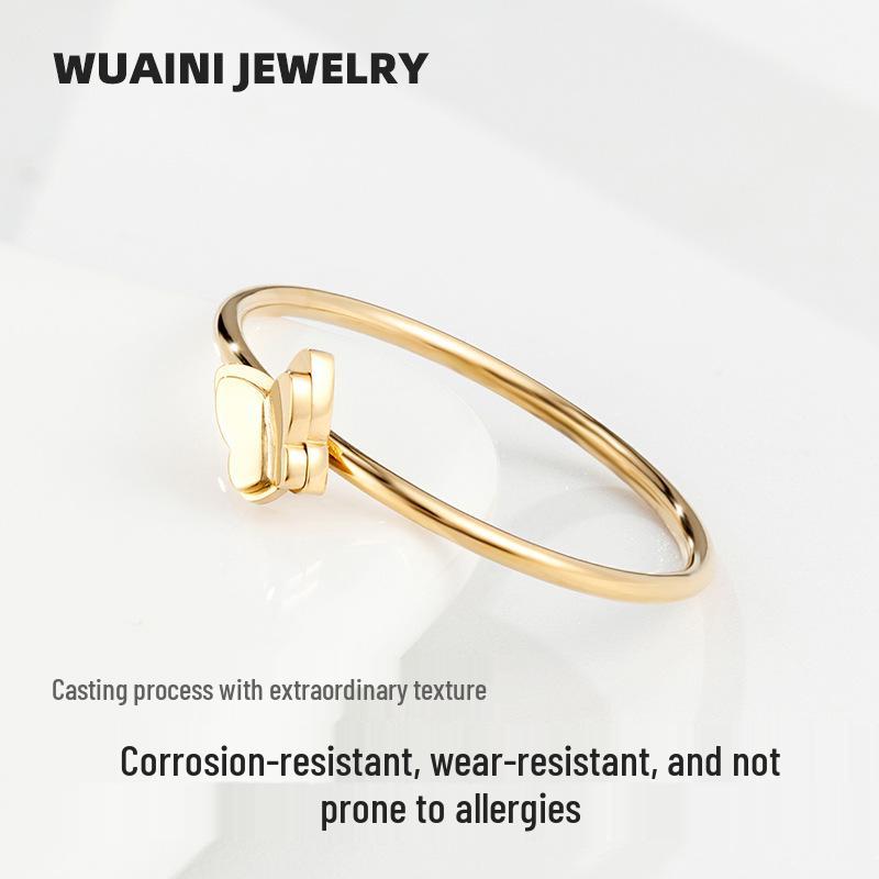 French Double-Layer 3D Butterfly Ring, Titanium Steel, Electroplated 18K Gold, Little Fragrance Style, Women's Niche Accessory