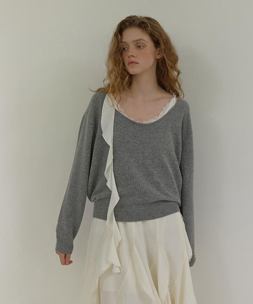 LONQUE Wool Deep U-Neck Knit (Grey)