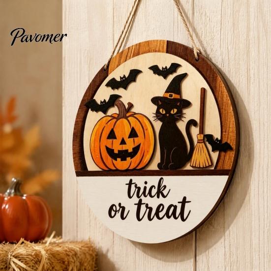 Layered Wood Craft Halloween Round Door Hanger, 3D Pumpkin Ghost Owl Welcome Sign, Solid Plaque Farmhouse Front Wall Hanging Decor for Home