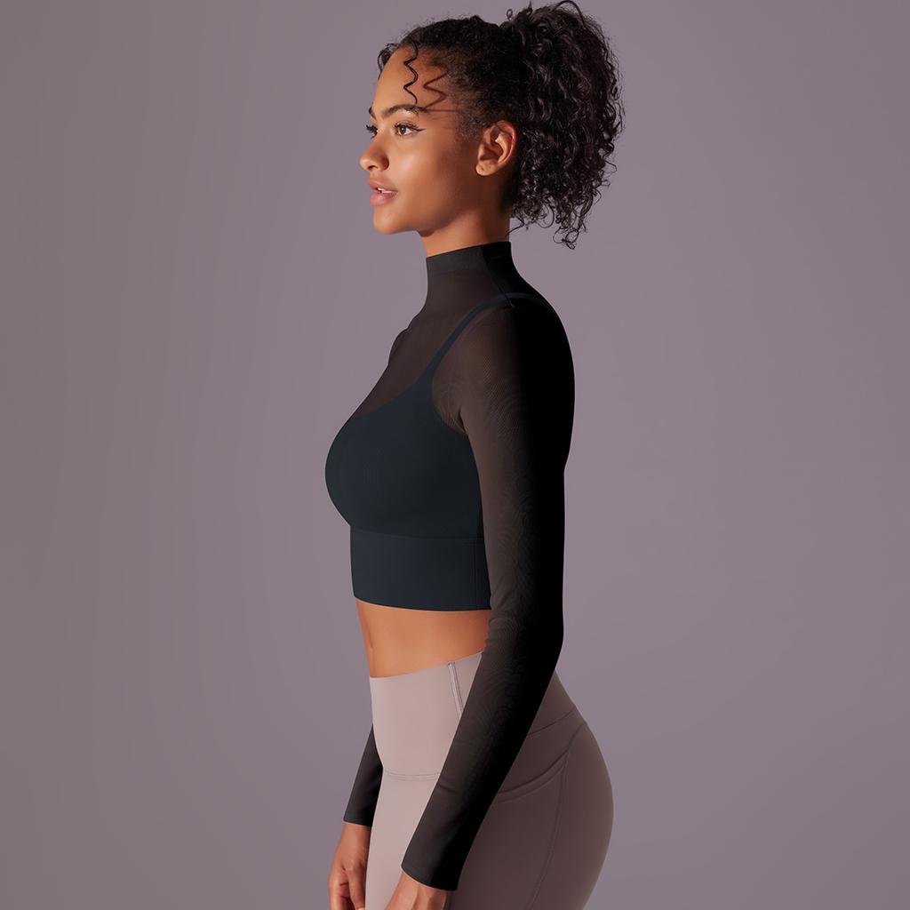 Mesh Yoga Suit Long Sleeved Quick Drying Exercise Running Fitness Bra One-piece Cup Fitness Suit Top For Women