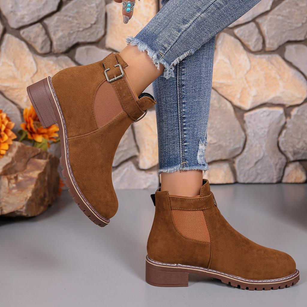2025 Fall Mid-Heel Ankle Boots Women's Boots Plus Size Round Toe Solid Color Buckle Strap Martin Boots