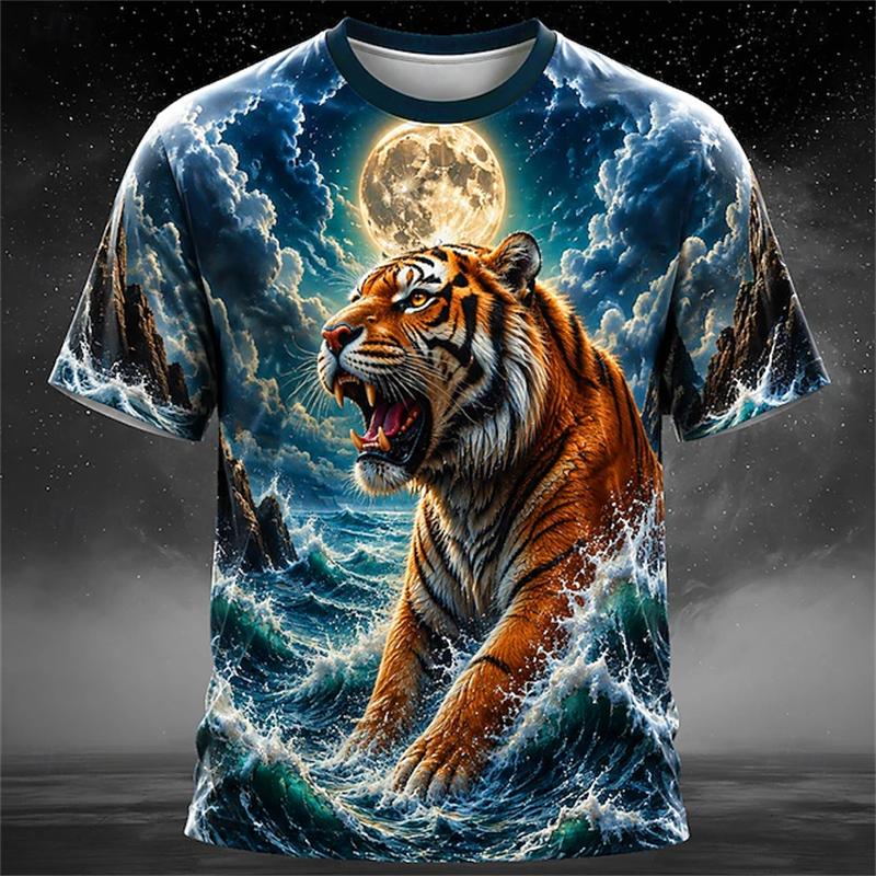 New Men's Summer Crew-Neck Short-Sleeve T-Shirt with Retro Tiger Print Breathable Casual and Loose-Fitting Mens Short-Sleeve Top