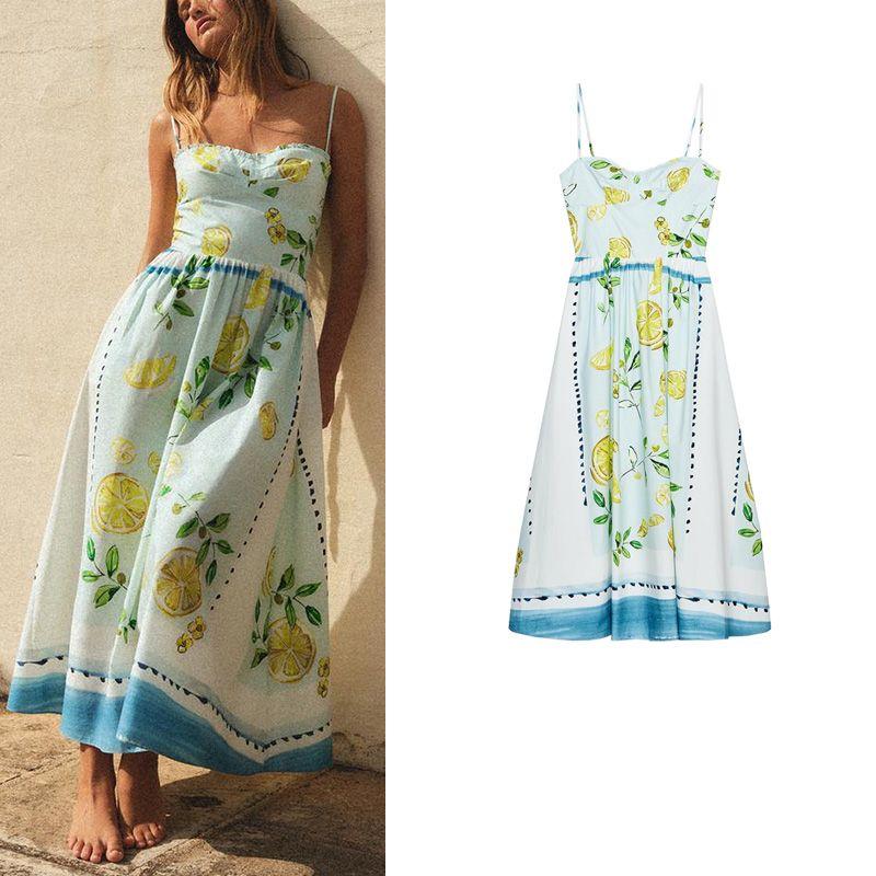 Summer New Product Women's Clothes Laminated Decoration Heart-Shaped Collar Lemon Printing Cotton Poplin Dress 3454347