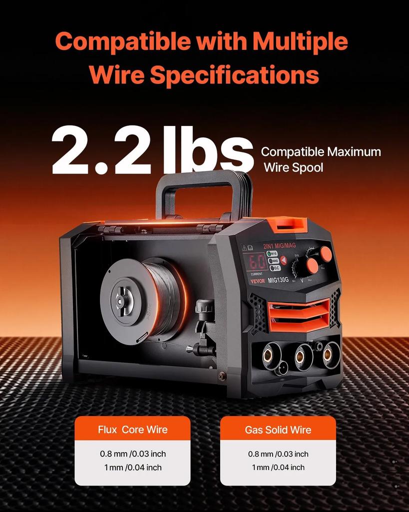 VEVOR MIG Welder, 130A Synergic Mig Welding Machine, 2-in-1 Gas MIG/Gasless Flux Core MIG Multi-Process Welder Machine
