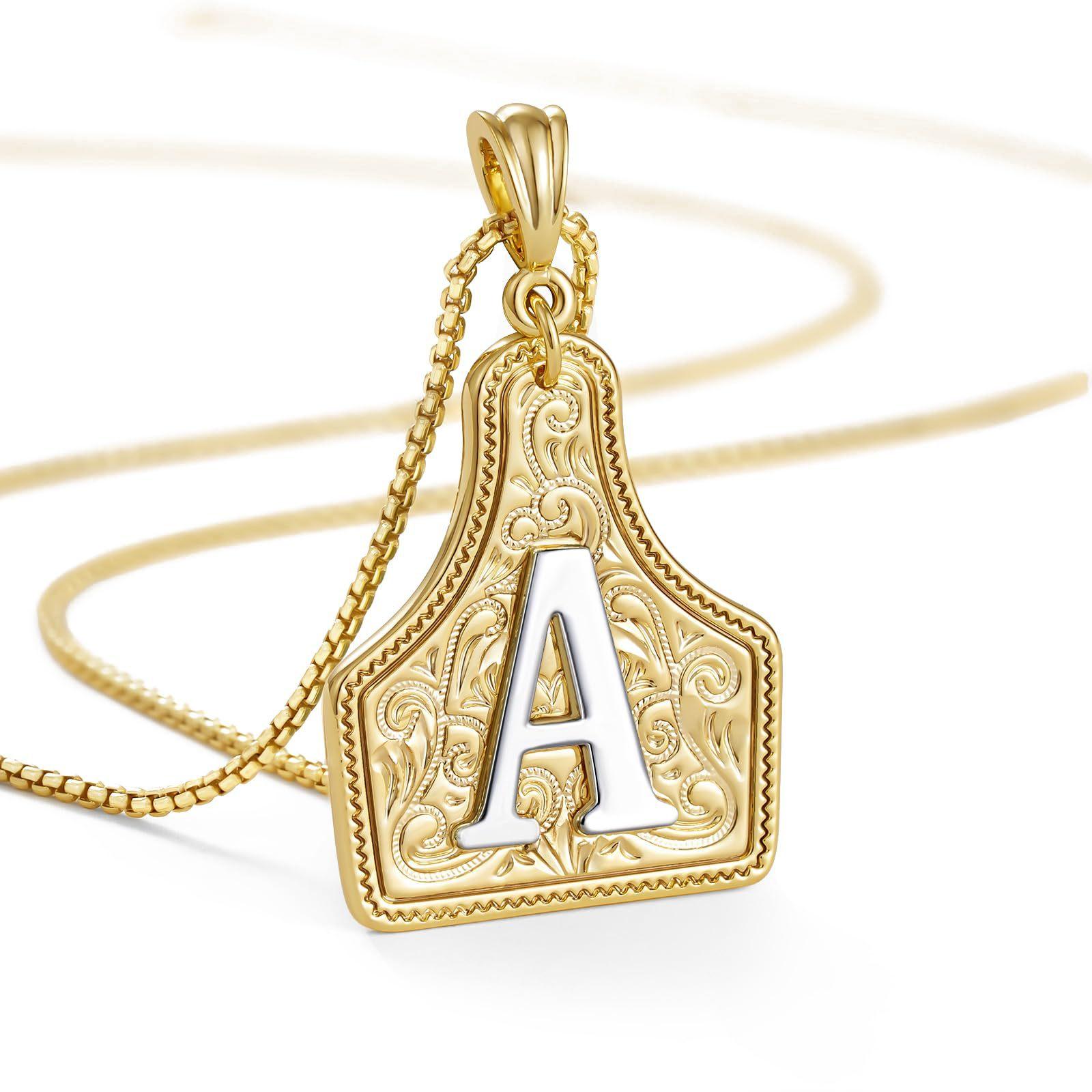 Western Cowgirl Initial Necklace for Men Women, 14K Gold Plated Cowboy Letter Pendant Necklace CowTag Two-Toned Jewelry Gift # A золотой