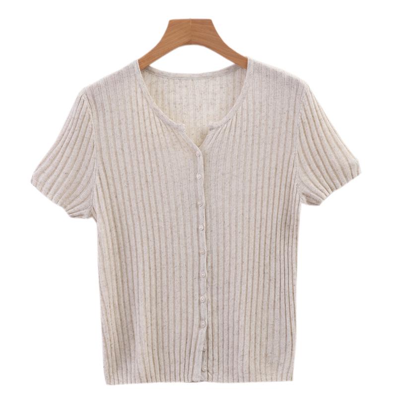 Summer Women's Tencel Lyocell Striped Cardigan Scissor Collar Knit Top