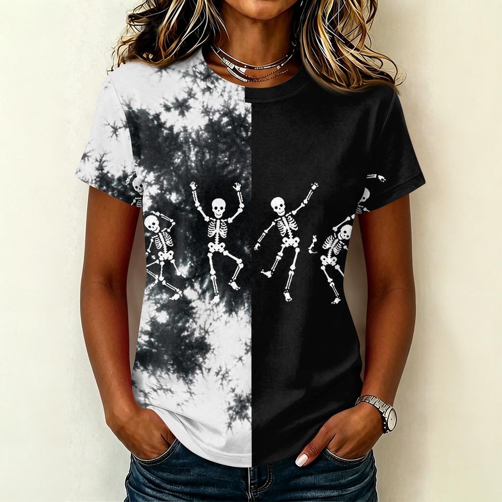 Women's Casual Short Sleeve Round Neck Pullover T-Shirt with Halloween Print
