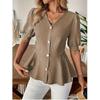 Abbigliamento Donna Camicia Estiva con Elegante Scollo a V Maniche Corte Gonfie Monocolore Vestibilità Slim Camicetta per Signore
