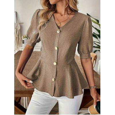 Abbigliamento Donna Camicia Estiva con Elegante Scollo a V Maniche Corte Gonfie Monocolore Vestibilità Slim Camicetta per Signore