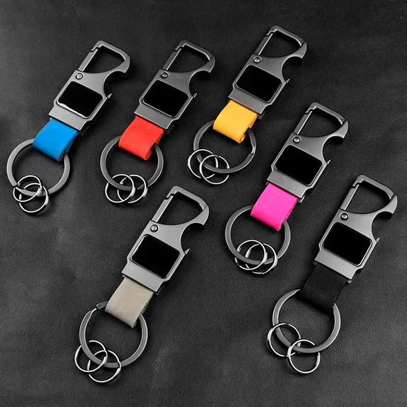 Laser Custom Cowhide Bottle Opener Leather Metal Keychain Multifunctional Key Chain Laser Engrave Car Keyring for Men and Women