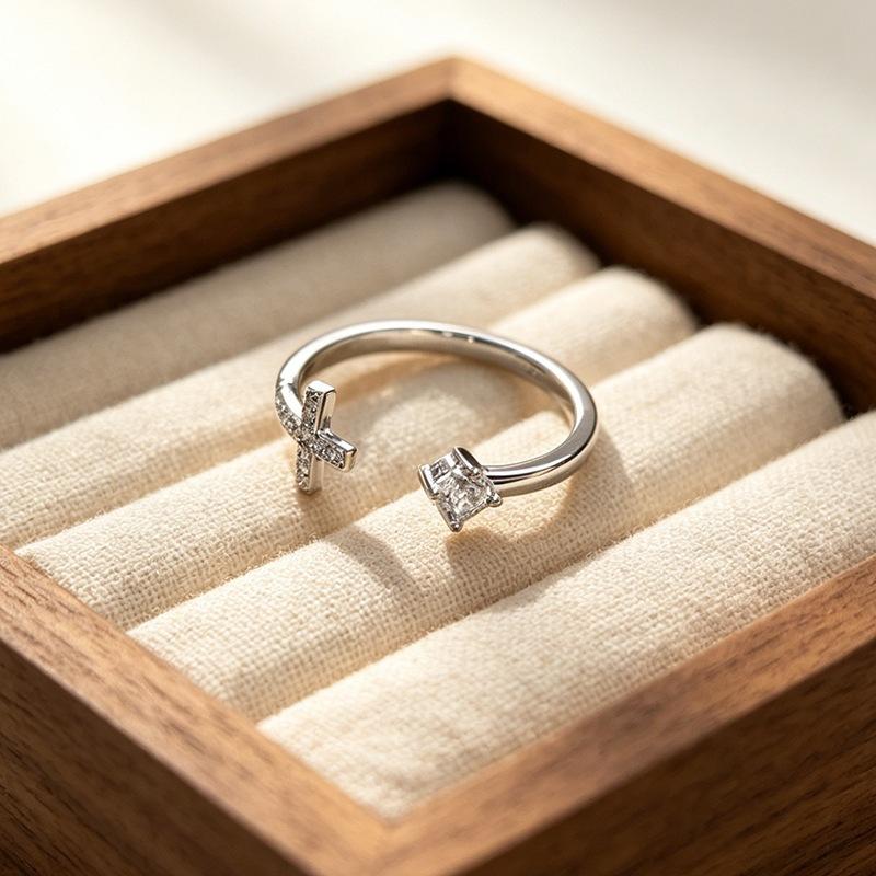 New Micro-diamond Cross Fashion 925 Sterling Silver Jewelry Opening Rings 02903