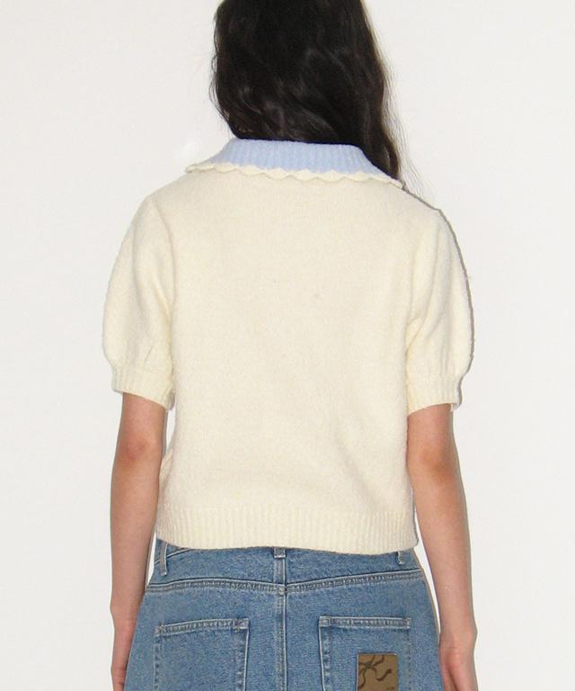 RONRON Handmade Collar Short Sleeve Knit Ivory Blue