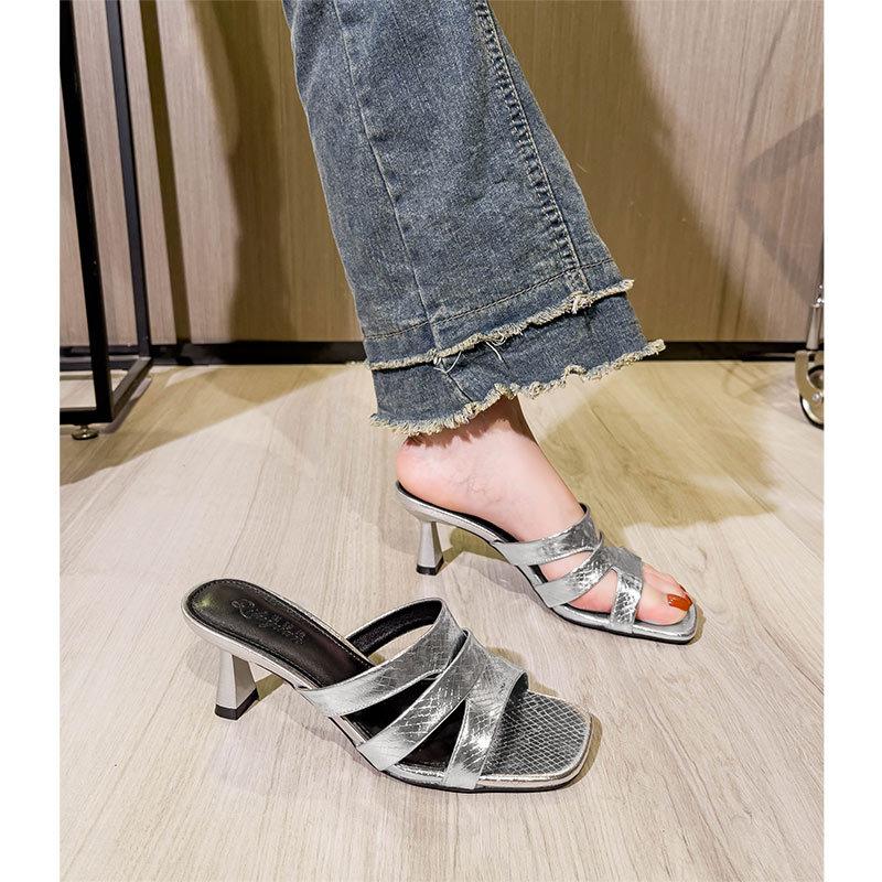 High-heeled Slippers Women's 2025 New Summer Outer Wear Fashion Thin Heel One-word Drag Square Head Temperament Summer Cool Slippers