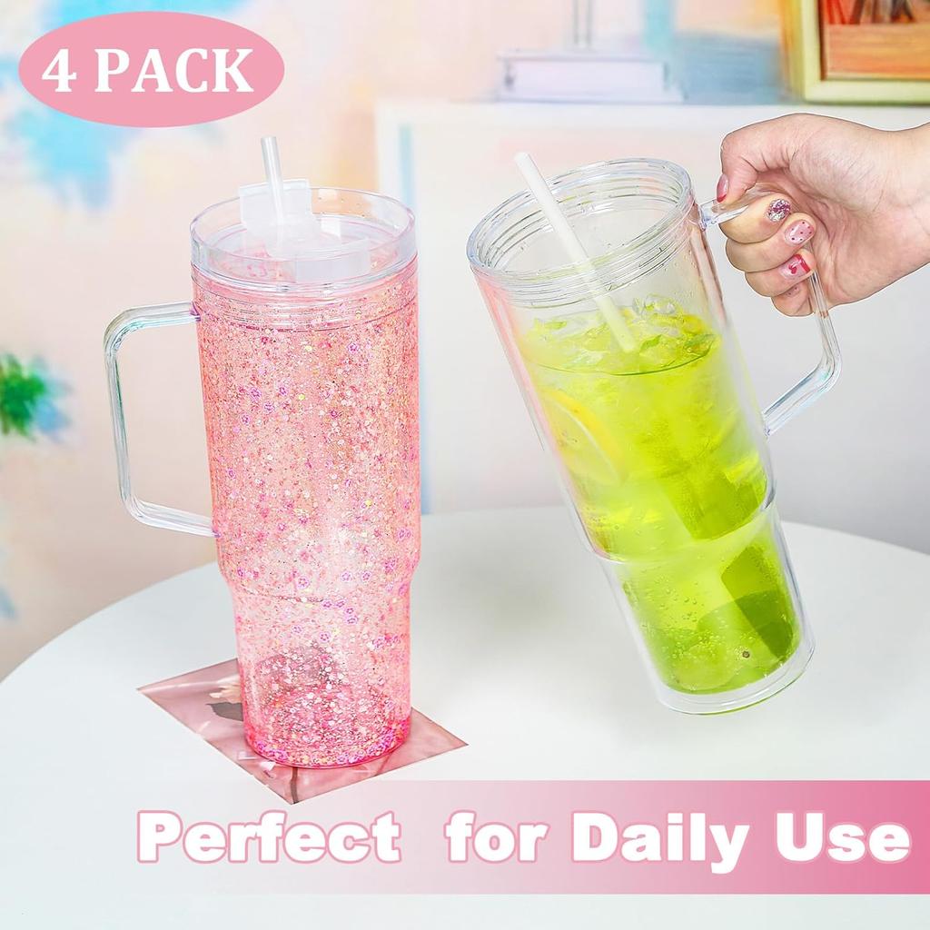 40 Oz Acrylic Snowglobe Tumbler with Handle, 4 Pack Pre-Drilled Double Wall Acrylic Clear Cup Tumbler for Glitter Snow Globe Diy