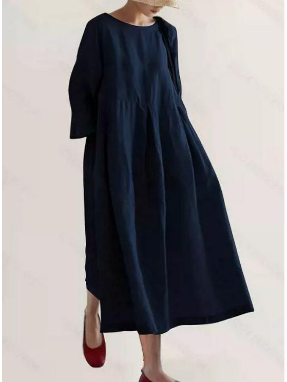 Loose Plus Size Cotton Linen Round Neck Pullover Dress - Japanese & Korean Style, Solid Color, Knee-Length Swing Skirt.