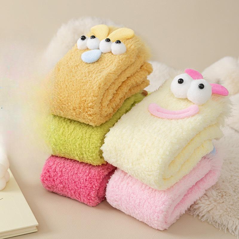 Funny Socks for Women in Autumn and Winter, Thickened and Fleece Warm Floor Socks, Cute and Ugly Coral Fleece Mid-calf Pile Cartoon Socks