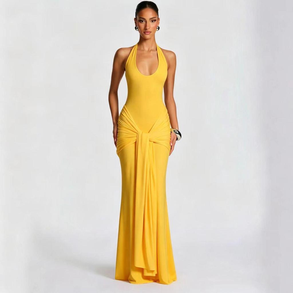 Women's 2025 European & American Style Halter Spliced Strappy Long Slim Fit Dress