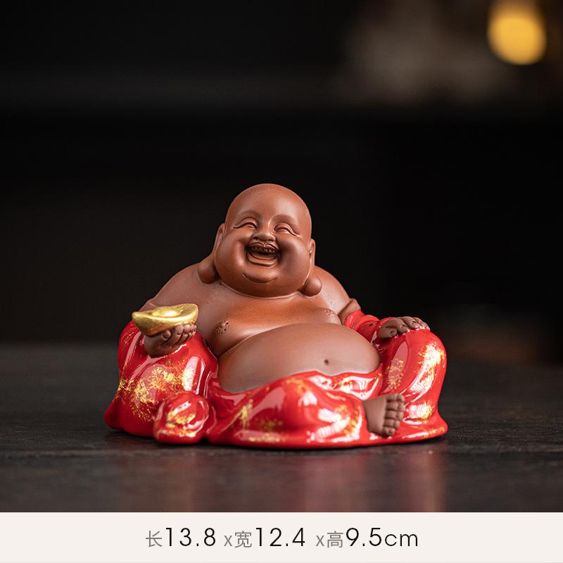 Chinese Zen Purple Clay Fortune Big Belly Maitreya Buddha Smiling Living Room Office Porch Desktop FENG SHUI Statue Decoration