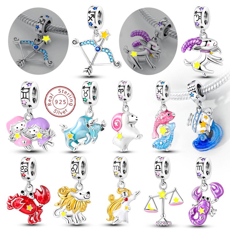 1Set Authentic Genuine Copper Charm Bead 12 Zodiac Signs Constellation Charm Decorations Suitable For Bracelet Style Pendant Piece Women Jewelry