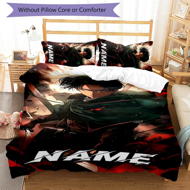 3pcs Custom Name Attack On Titan Bedding Set Duvet Cover Closure Includes 1 Duvet Cover & 2 Pillowcases for All Seasons Bedroom Decor
