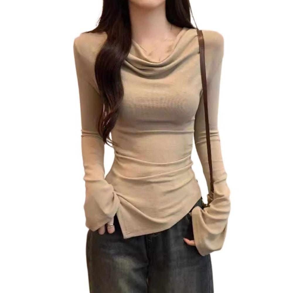 Chic Slanted Shoulder Pullover Slim Fit T Shirts Women Y2k Comfortable Long Sleeve T-shirt  Female